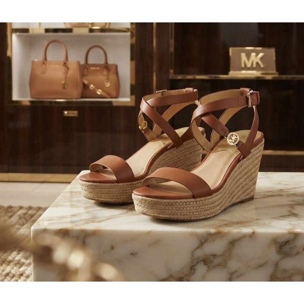 Michael Kors Jalita Espadrille Wedge Sandals Womens 10M Brown Leather Platform